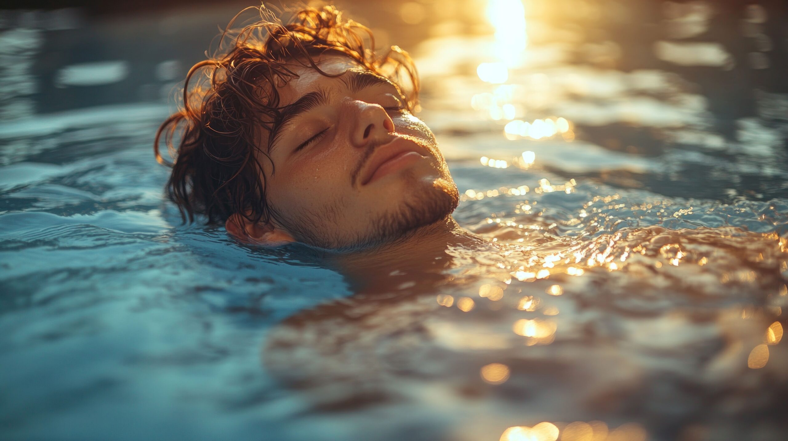 Ein entspannter Mann treibt im warmen Wasser eines Pools