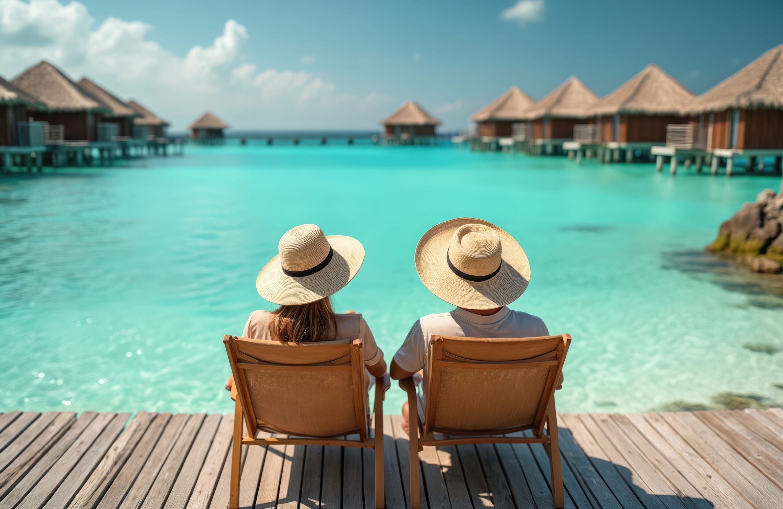 Paar entspannt sich an den idyllischen Stränden der Malediven. Kristallklares türkisfarbenes Wasser, umgeben von Bungalows über dem Wasser.